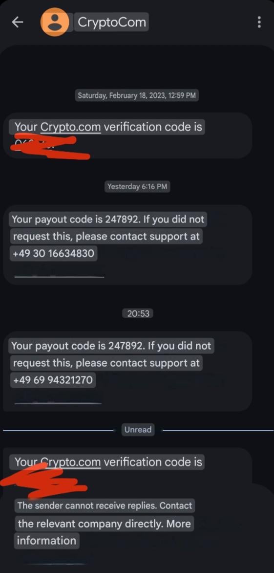 A mobile phone screenshot of SMS messages from Crypto.com containing verification codes and a payout code (247892) with support contact numbers.