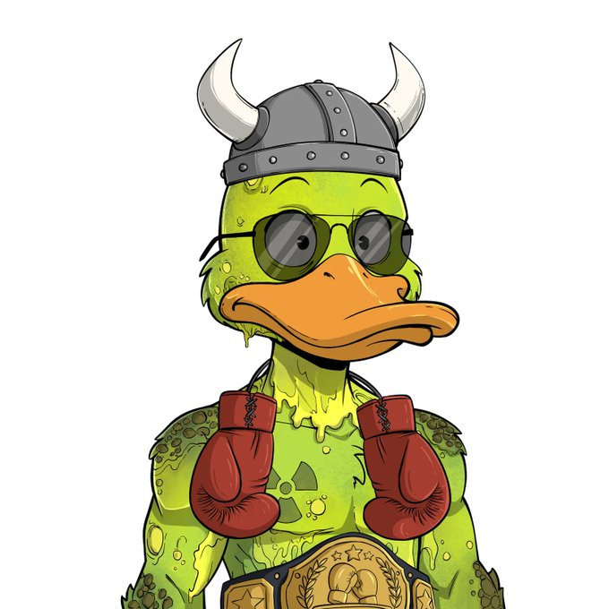 An illustration of a green-skinned duck-like character wearing a Viking horned helmet, sunglasses, red boxing gloves, and holding a championship belt.