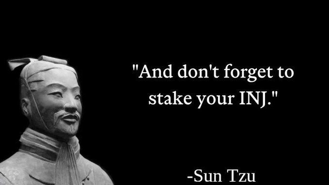 The image features a black-and-white statue of Sun Tzu alongside a humorous, anachronistic quote attributed to him: "And don't forget to stake your INJ." This playful meme ties into the post's theme of passive income, using the ancient military strategist's authority to humorously endorse staking $INJ (Injective token) as a modern investment strategy.