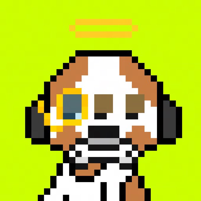 A pixel art character with brown and white coloring, wearing large headphones and a yellow earpiece with a screen, featuring a halo above its head on a green background.