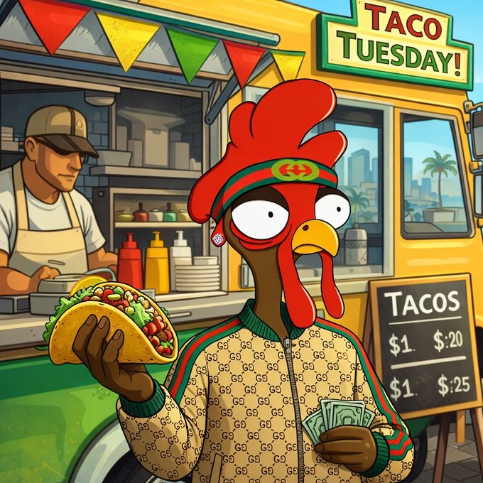 An anthropomorphic rooster wearing a Gucci tracksuit and headband holds a taco and cash in front of a food truck advertising 'TACO TUESDAY' with tacos for $1.