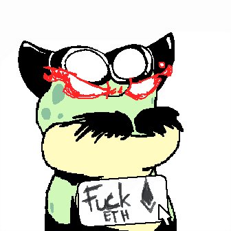A cartoon illustration of a green creature with devil horns, red glasses, and a mustache holding a sign that says 'F*** ETH'.