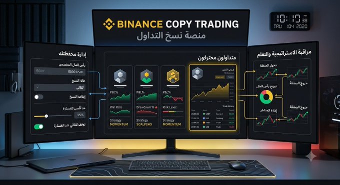 A promotional graphic for 'BINANCE COPY TRADING' displayed on multiple monitors, featuring Arabic text, trading parameters like '5000 USDT', and charts for Win Rate, Drawdown %, and Risk Level.