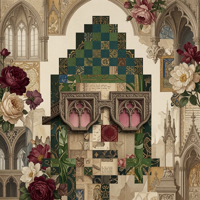 A Gothic-themed collage artwork forming a skull shape from green and gold checkered patterns, surrounded by cathedral arches, stained glass, and red and white roses.