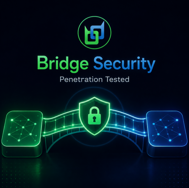 The image is a promotional graphic featuring a glowing green and blue design with two network-connected cubes linked by a bridge structure, topped by a shield-and-padlock icon and the text "Bridge Security – Penetration Tested," along with a stylized "bd" logo at the top. It visually reinforces the post's message about Beldex's rebuilt bridge successfully passing penetration testing, emphasizing the operational security and resilience of its interoperability infrastructure.