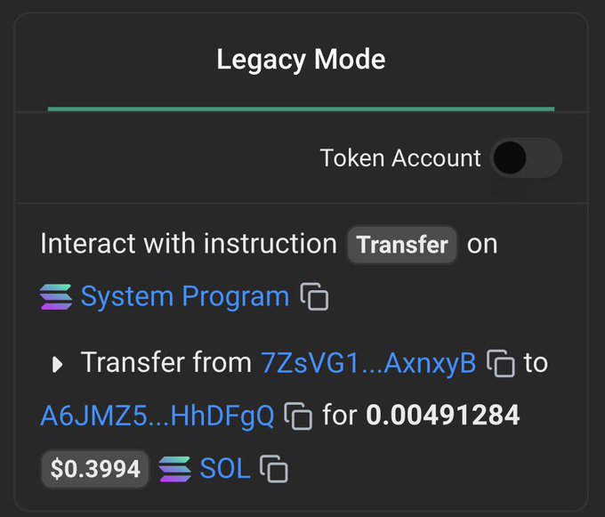 A screenshot of a 'Legacy Mode' interface showing a Token Account toggle off, with a Transfer instruction on the System Program sending 0.00491284 SOL ($0.3994) from address 7ZsVG1...AxnxyB to A6JMZ5...HhDFgQ.
