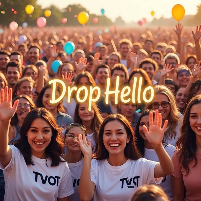 A cheerful crowd of people wearing white 'TVOT' shirts waves at the camera with colorful balloons overhead and the text 'Drop Hello' overlaid.