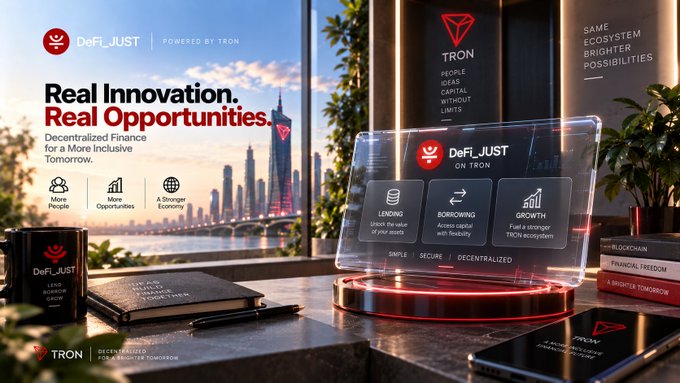 A promotional banner for 'DeFi_JUST' powered by 'TRON' displays the tagline 'Real Innovation. Real Opportunities.' alongside features like Lending, Borrowing, and Growth, with a modern cityscape in the background.