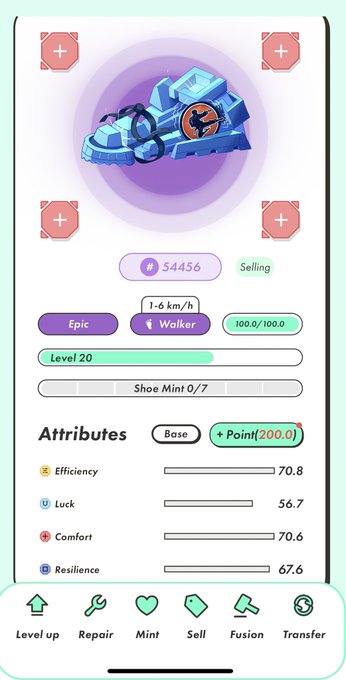 A mobile app screen displays an Epic Level 20 'Walker' shoe NFT for sale at #54456, traveling 1-6 km/h, with 100.0/100.0 durability and 0/7 Shoe Mint, showing attributes Efficiency 70.8, Luck 56.7, Comfort 70.6, and Resilience 67.6, plus navigation options for Level up, Repair, Mint, Sell, Fusion, and Transfer.