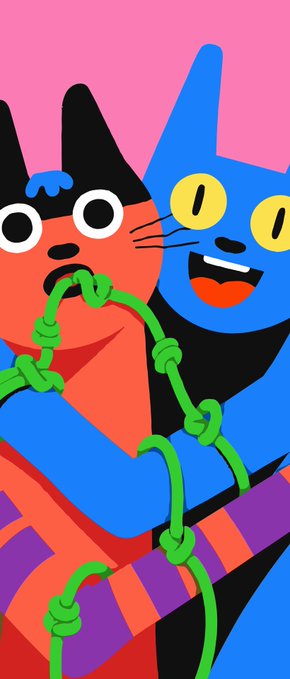 A colorful digital illustration depicts an orange cat and blue cat characters holding a green knotted rope against a pink background