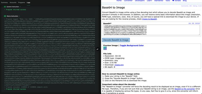 The image shows a Base64 to Image decoding tool with the title "Base64 to Image" and instructions for converting Base64 strings to images, alongside a hex editor displaying gibberish encoded text. The accompanying post warns about uploading images on-chain, likely referring to the inefficiency and high costs of storing image data (as raw Base64 or hex) directly on a blockchain.