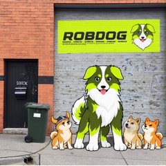 The image shows a cartoon storefront banner for "ROBDOG," featuring a green and white dog mascot flanked by three small Corgi puppies outside a brick building, visually aligning with the "$ROBDOG" token news by branding it as a playful, pet-themed crypto. The accompanying post highlights the token's 300% surge on the Robinhood Chain, reinforcing the "ROBDOG" name and imagery as central to its identity.