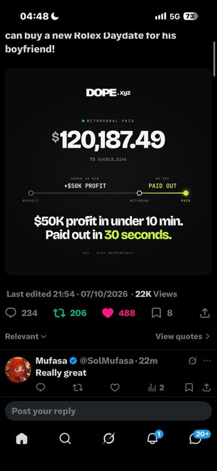 A social media post showing a withdrawal of $120,187.49 from DOPE.XYZ, with text stating '$50K profit in under 10 min. Paid out in 30 seconds.'