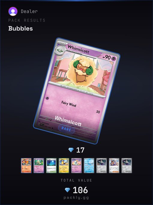 A screenshot from packly.gg showing pack results featuring a highlighted Whimsicott card (Fairy Wind attack, 50 damage) in the "Bubbles" pack, with a total value of 106 gems across 10 cards including 17 gem pull. This relates to the post documenting Day 1 of opening "Bubbles" packs while hunting for a Bubble Mew, with Whimsicott being one of the rare pulls obtained.