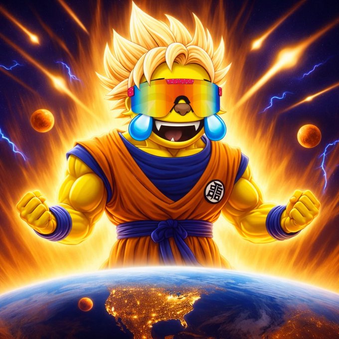 A fierce, Super Saiyan-style anthropomorphic character wearing rainbow-tinted sunglasses and a gi labeled "悟" (Goku's kanji) powers up above Earth amid cosmic fire and lightning. The image visually fuels the $MOG hype, depicting the meme coin as an unstoppable, world-shaking force ready to blast off.