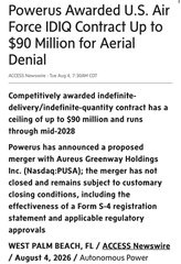 A news article headline reading 'Powerus Awarded U.S. Air Force IDIQ Contract Up to $90 Million for Aerial Denial' from ACCESS Newswire dated August 4, 2026.