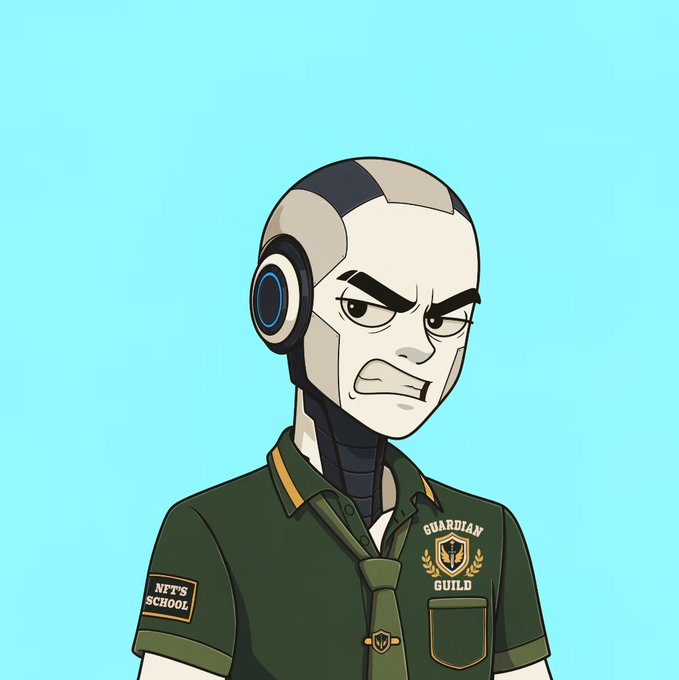 A stylized robot character with an annoyed expression wears a green scout-style uniform displaying "GUARDIAN GUILD" with a crest and "NFT'S SCHOOL" patches, visually representing the NFT School community mentioned in the post about GTD whitelist access for holders.
