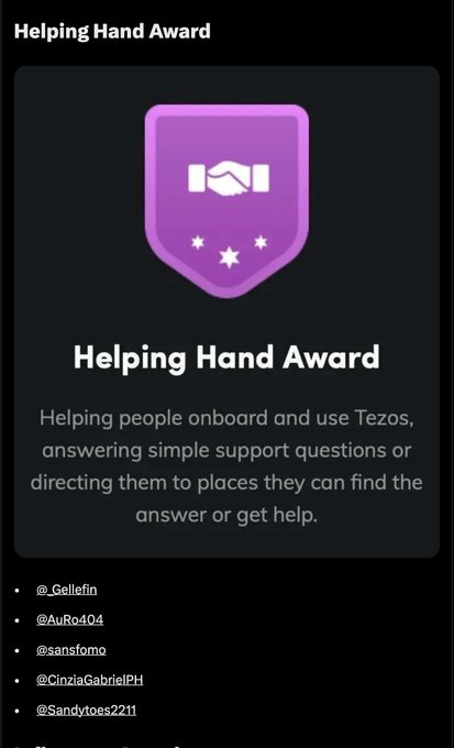 A 'Helping Hand Award' graphic with a purple shield and handshake icon, recognizing community members (@_Gellefin, @AuRo404, @sansfomo, @CinziaGabrielPH, @Sandvtoes2211) for helping people onboard and use Tezos.