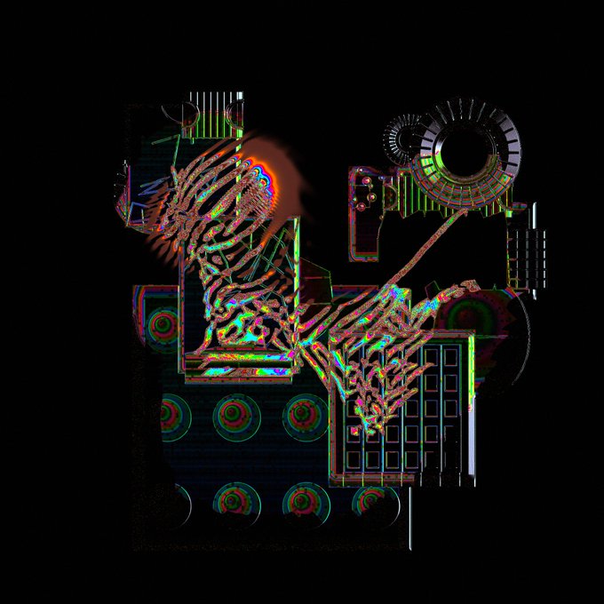 A glitch art and digital abstract piece featuring neon green and pink wireframe structures, circular patterns, and distorted shapes against a black background.