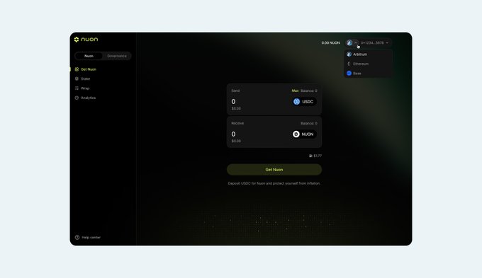 A screenshot of the Nuon cryptocurrency platform interface showing options to send and receive USDC and NUON tokens, with a wallet balance of 0.00 NUON.
