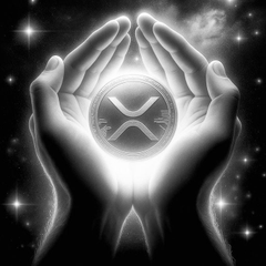 Two hands cup a glowing XRP coin against a starry cosmic backdrop, symbolizing the careful guardianship and enduring faith of long-term holders who have watched their tokens through dramatic market swings and recoveries.