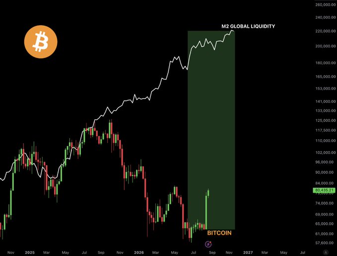 A candlestick chart of Bitcoin's price action is overlaid with a white line representing M2 Global Liquidity, which has reached a new all-time high of approximately $125,000B as of November 2027, highlighting Bitcoin's current price of $80,438.21 within a highlighted green zone suggesting a potential catch-up rally driven by surging global liquidity.