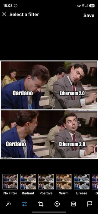 A meme comparing Cardano and Ethereum 2.0, showing a person in a blue suit labeled 'Cardano' ignoring another labeled 'Ethereum 2.0', then looking surprised when turned to.