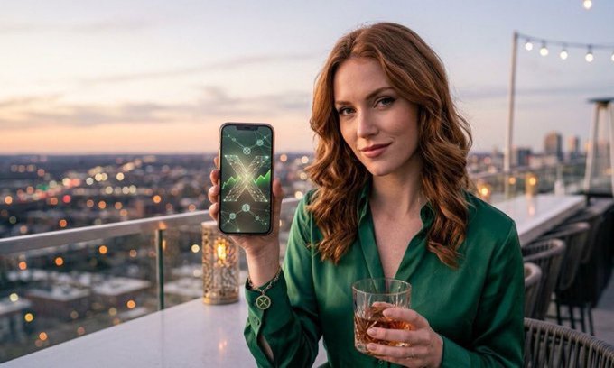 A woman with wavy red hair wearing a green satin shirt, holding up a smartphone displaying a network constellation graphic while holding a glass of whiskey, standing on a rooftop bar at sunset with city lights in the background.