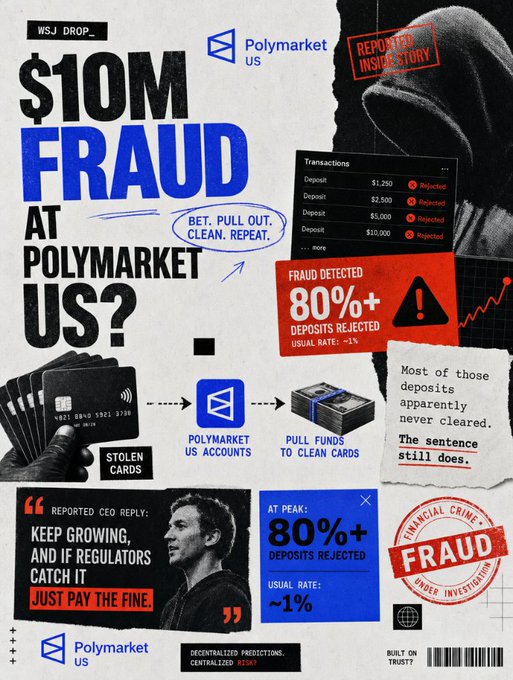 Wall Street Journal-style infographic reporting on a $10M fraud case at Polymarket US, noting that over 80% of deposits were rejected due to fraud detection.