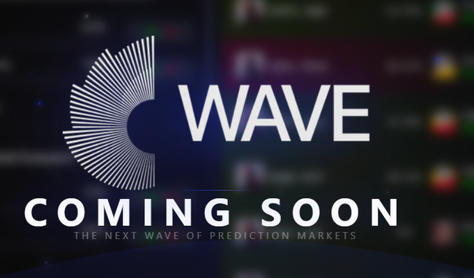 A promotional graphic displays a white wave logo with the text 'WAVE COMING SOON' and 'THE NEXT WAVE OF PREDICTION MARKETS' over a blurred background.