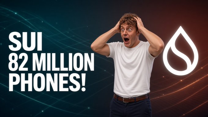 A shocked-looking man clutches his head in disbelief next to the text "SUI 82 MILLION PHONES!" and the Sui logo, visually emphasizing the surprising reach of USDC being added to Samsung Wallet and putting Sui in front of 82 million American devices.