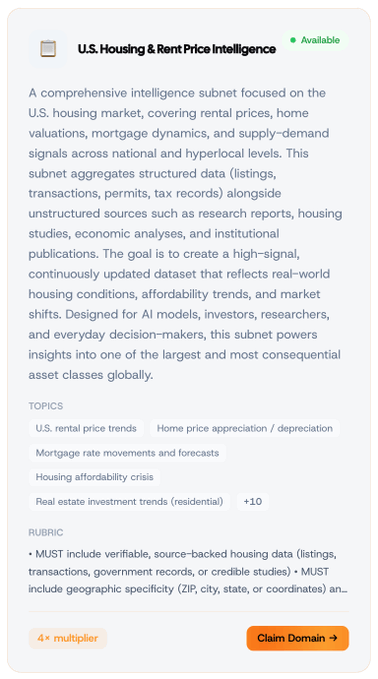 The image features an explanation of US housing prices with some text from an article. The text explains that the housing market is currently undergoing fragmentation, which means there are many scattered data points. It suggests that the industry has grown significantly over the past several years but the real estate and mortgage industries have not kept pace with it. The image shows a summary screen of a post titled "US Housing Price Intelligence" and "Housing Market Intelligence Claimable as a Pre-built subnet on dFusion". The summary screen lists what is claimable under the term "claiming domain."