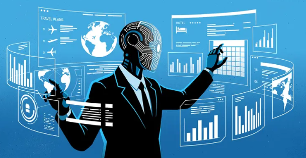A robotic figure in a suit analyzes holographic data dashboards featuring "TRAVEL PLAN" and "HOTEL" interfaces, symbolizing AI agents autonomously managing financial decisions and transactions—reflecting the rise of machine-driven crypto market participants gaining financial independence.
