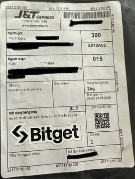 A J&T Express shipping label shows a package weighing 2kg with destination 'A210A02', tracking number starting with '851112', and a Bitget advertisement displayed on the receipt.