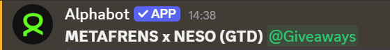 The image displays a graphic reading "Alphabot v APP" with a timestamp of 14:38 and "METAFRENS x NESO (GTD) @Giveaways" alongside a green ribbon icon, likely referencing an NFT giveaway or collaboration between Metafrens and NesoArts. The post about securing an allocation for "the Familia" thanks to @NesoArts_NFT suggests this image is announcing or celebrating a community giveaway event tied to the Metafrens and Neso NFT projects.