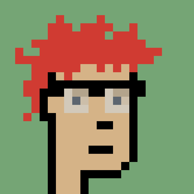 A pixel-art portrait of a person with dark hair, blue eyes, and a neutral expression against a solid green background, with abstract red pixel shapes floating above their head.