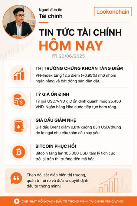 A Vietnamese financial news graphic from Lookonchain dated 20/06/2025 covering stock market gains, stable USD/VND exchange rate, declining oil prices, and Bitcoin recovering to $105,000.
