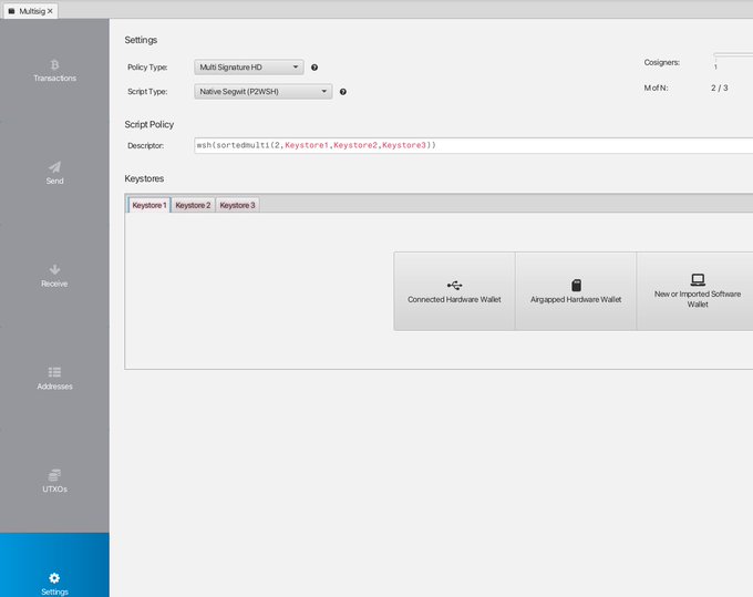 Screenshot of a Multisig wallet settings interface with Policy Type 'Multi Signature HD' and Script Type 'Native Segwit (P2WSH)' selected, showing a 2-of-3 multisignature configuration across three keystores.