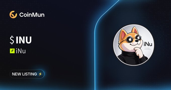 A CoinMun exchange promotional graphic announcing the new listing of $INU token, featuring a cartoon Shiba Inu dog wearing sunglasses and a hoodie on a dark blue background.