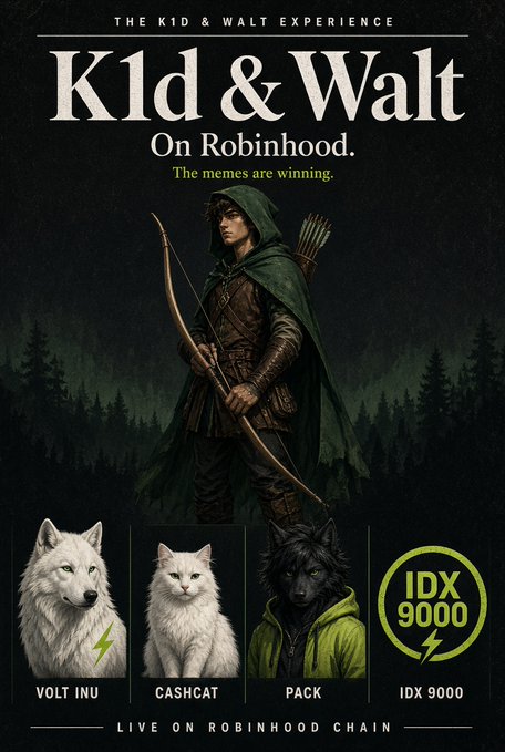 A promotional poster titled 'KID & WALT On Robinhood. The memes are winning.' features an archer and showcases VOLT INU, CASHCAT, PACK, and IDX 9000, noting they are 'LIVE ON ROBINHOOD CHAIN'.