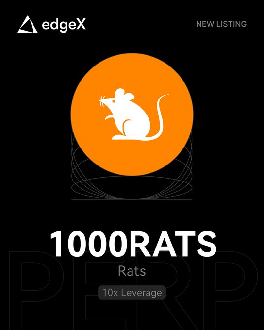 A promotional graphic from edgeX announcing a new listing, "1000RATS" (Rats), a BRC-20 meme token with 10x leverage, featuring an orange circle with a white mouse silhouette on a black background. The design visually reinforces the token's rat theme while highlighting its perpetual trading availability.