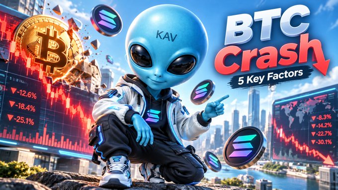 An AI-generated graphic titled 'BTC Crash 5 Key Factors' featuring a blue alien figure labeled 'KAV' alongside Sol logos, Bitcoin imagery, and declining red price charts with percentages.