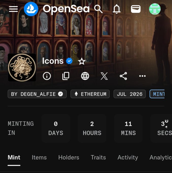 A mobile screenshot of the OpenSea NFT marketplace showing an upcoming mint collection called 'Icons' by DEGEN_ALFIE on the Ethereum blockchain, set to begin in 0 days, 2 hours, and 11 minutes.
