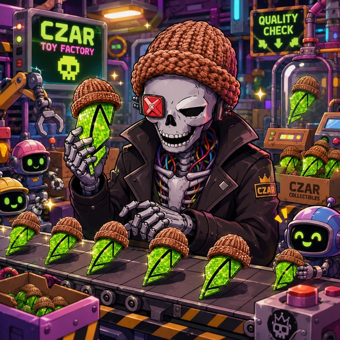 A vibrant illustration of a 'CZAR Toy Factory' depicts a skeletal character in a knit cap and leather jacket inspecting green gem-shaped toys on a conveyor belt, flanked by small robots.