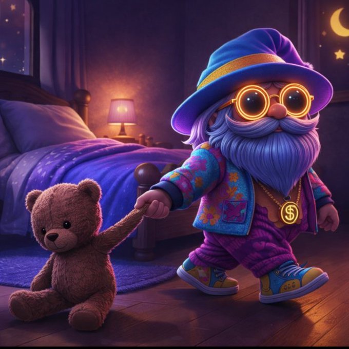 The image features a cartoon character, possibly a wizard or a gnome, holding onto a teddy bear while walking through a bedroom at night. The character has a long beard and is wearing a hat with a glow-in-the-dark effect. The bed in the room suggests that they are in someone's bedroom.

The post includes text that reads "Good Night Legends We rest because it makes for a more productive day. Don'T forget to stack rest as you stack skills." This message seems to be related to the cartoon character and their nighttime adventure, possibly encouraging viewers to take breaks and rest during the night to maintain productivity throughout the day.

The image also contains an image of a teddy bear on the floor, which adds a playful element to the scene.