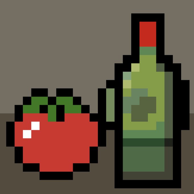 A pixel art illustration of a green hot sauce bottle with a red cap standing next to a red, tomato-like creature with a smiling face, both outlined in black on a dark background.