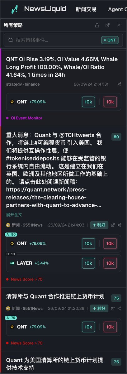 A NewsLiquid trading interface showing strategy alerts for the QNT token on Binance, with OI data (+79.09%) and Chinese news about Quant's partnership with the Clearing House to bring tokenized deposits to the US.