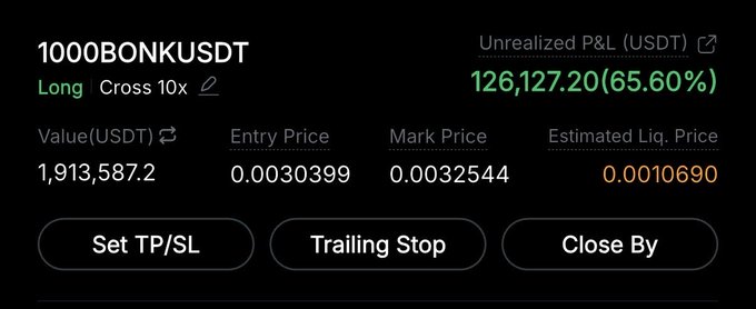 A trading interface shows a long position on 10000BONKUSDT at 10x cross leverage, displaying an unrealized profit of $126,127.20 (65.60%) with an entry price of 0.0030399 and a mark price of 0.0032544, visually confirming the trader's claim of being up over $120,000 on their BONK long.