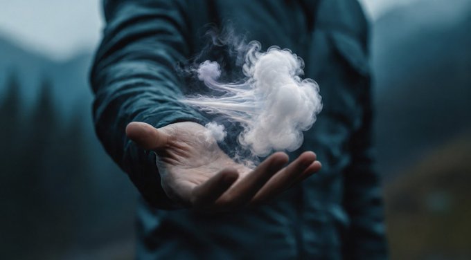 A close-up of a person's hand holding wisps of white smoke or vapor, with the person wearing a dark jacket against a misty mountain backdrop.