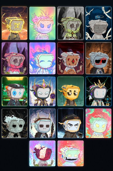 A grid displaying 18 unique, stylized NFT character portraits, mostly featuring boxy or robotic heads with various elaborate costumes, backgrounds, and color palettes.